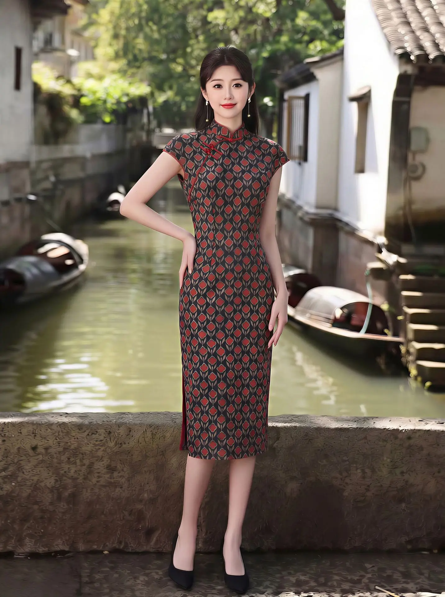 

Hong Kong Style Short Sleeve Black Red Flower Print Chinese Qipao Summer Stand Collar Girl Qipao