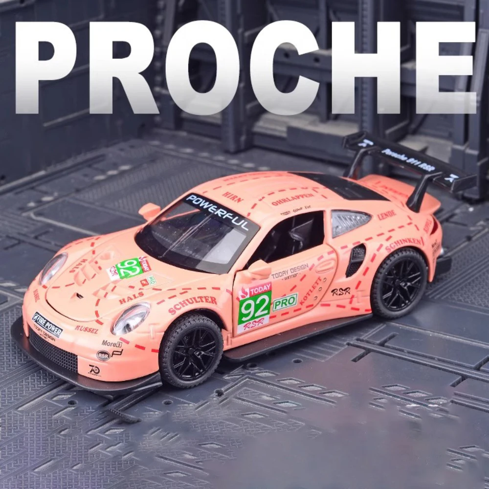 Modèle réduit de voiture Porsche 911 GT3 RSR pour enfant, échelle 1:32, jouet de simulation moulé sous pression, 4 portes ouvertes, nervure arrière, sourire, décoration, idée cadeau