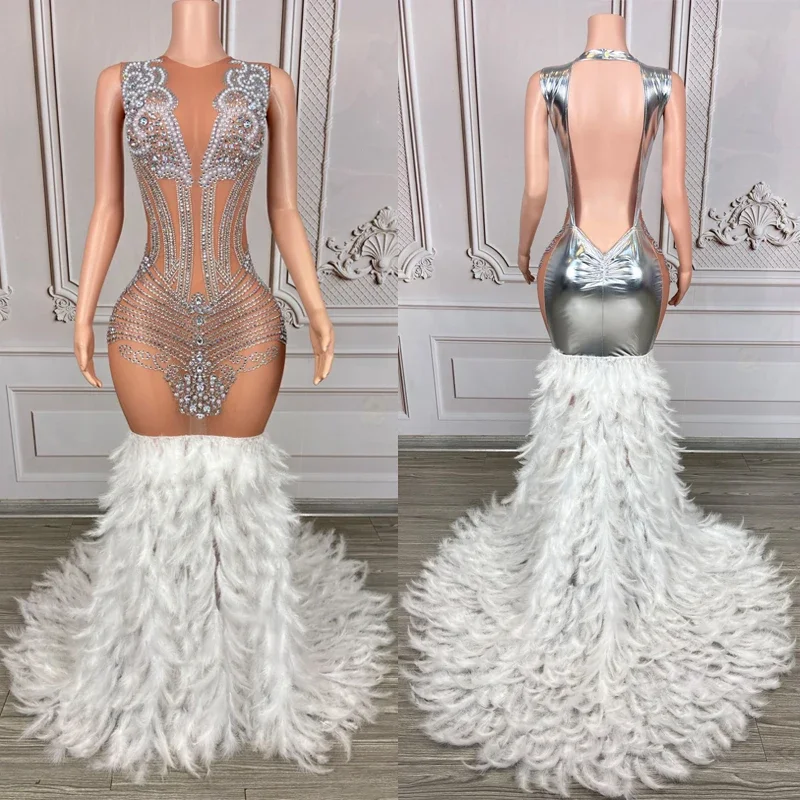Sexy  Birthday Dress Mesh Rhinestones Wedding Gown Women Feather Stage Catwalk Outfit Celebrate Costume Evening Dresses