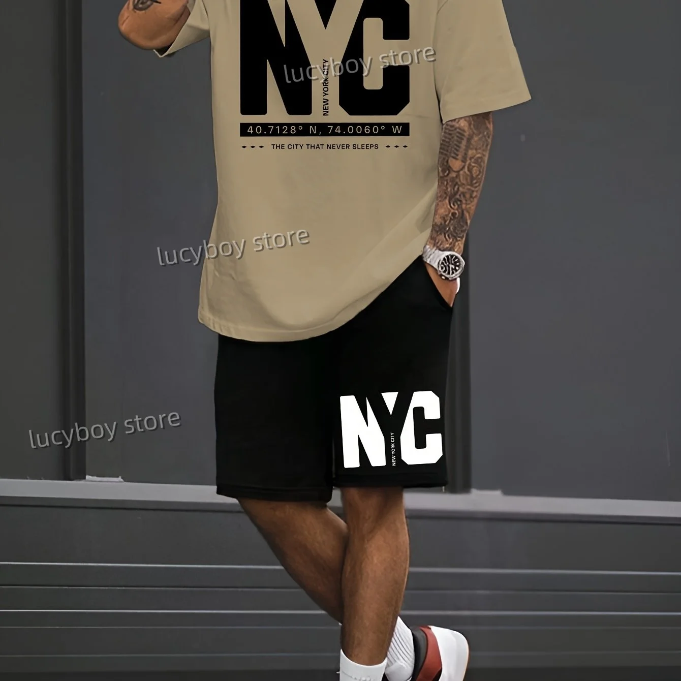 NC NEW YORK Brief Gedruckt Sport T-shirt + Shorts Anzug Set Männer Männlich Luxus Trainingsanzug Outfit Runing Übergroßen 2-teiliges Set Kleidung