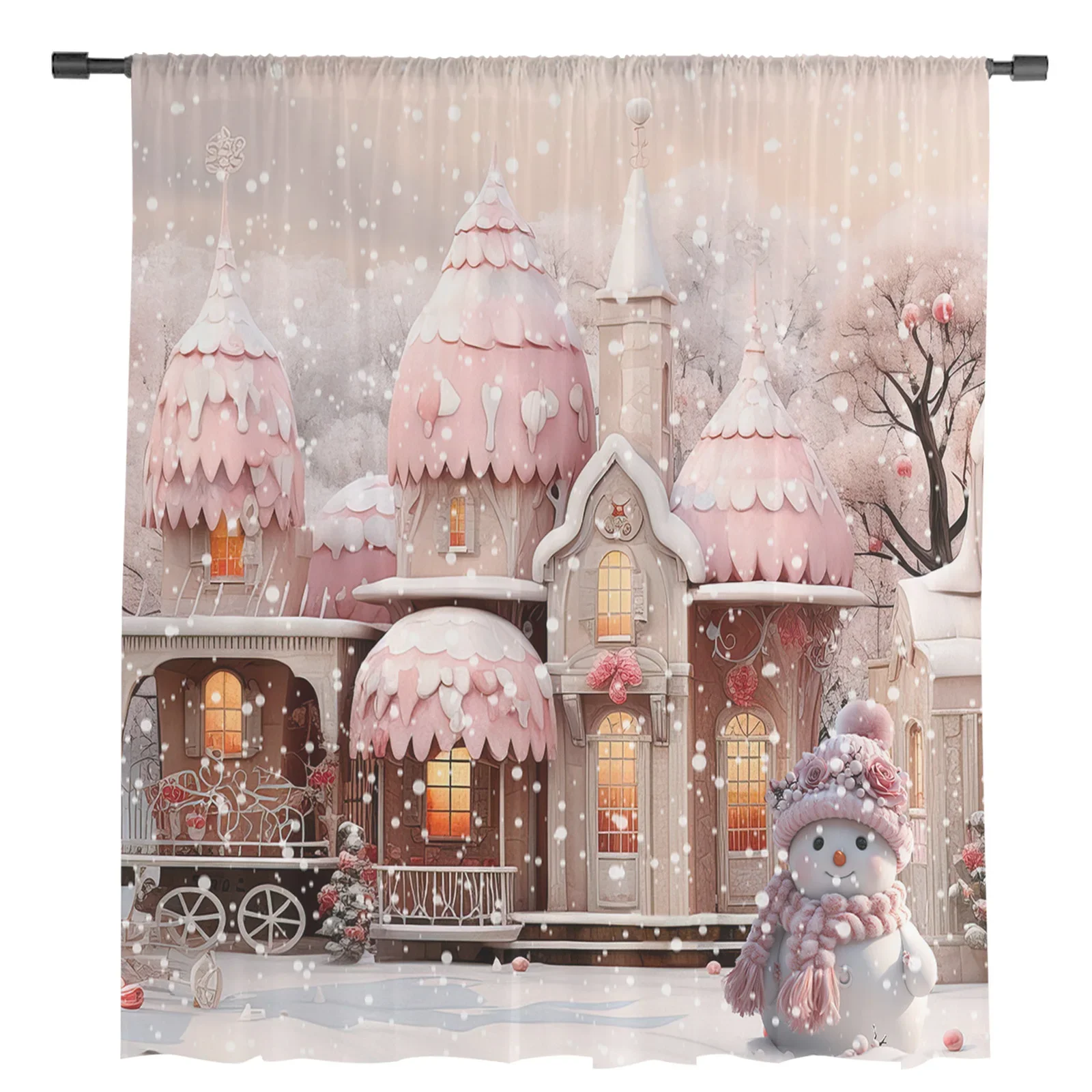 Christmas Snowman Snow Scene Pink House Sheer Curtains Christmas Home Decorations Window Tulle Curtains for Living Room Bedroom