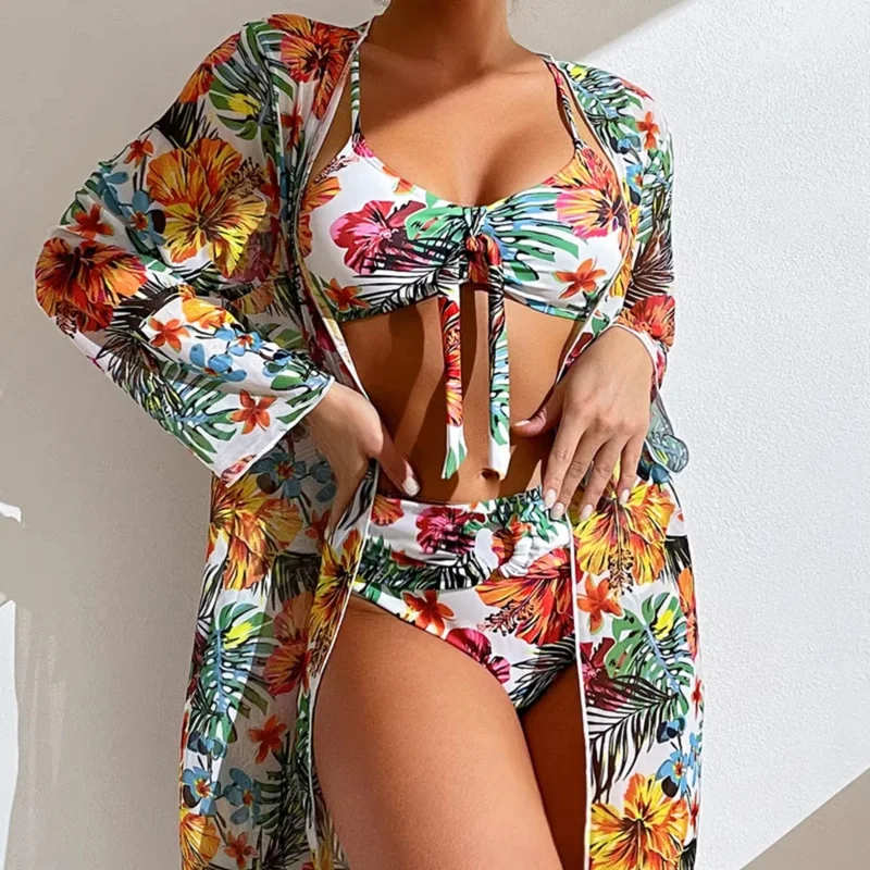 Conjunto de bikini de cintura alta de 3 piezas para mujer 3XL-S - Traje de baño con estampado floral y cubierta de malla de manga larga, traje de baño de talla grande