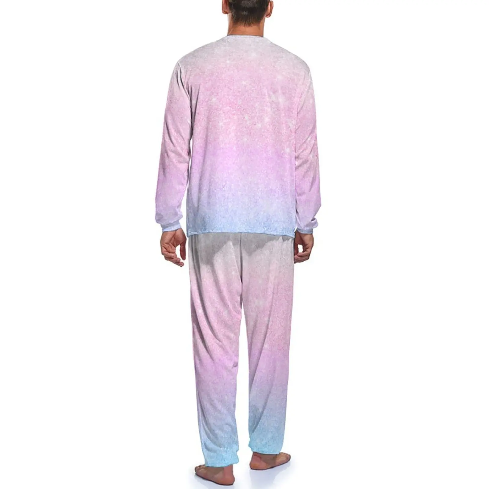 Pijama elegante de manga larga para hombre, conjunto de 2 piezas con estampado de purpurina de arcoíris, azul, rosa, ombré, ropa de dormir fresca con gráfico, otoño