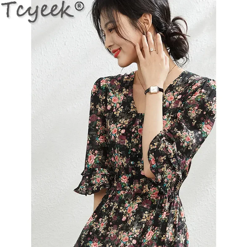 Tcyeek Women's Elegant Dress Summer Floral Dress 2023 Heavyweight 100% Mulberry Silk Clothes French Womens Dresses Vestido Mujer