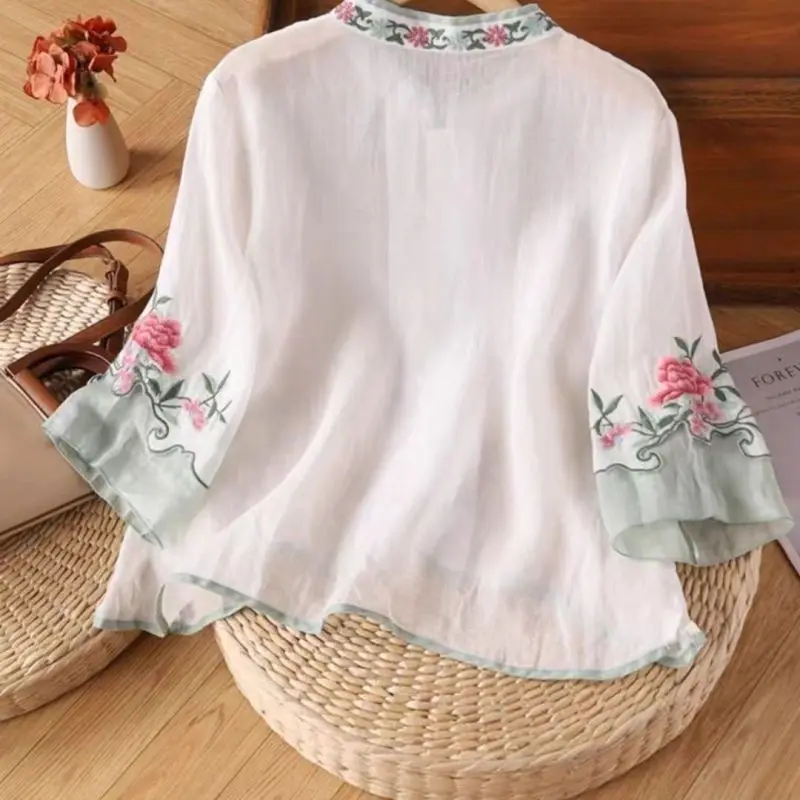 2024 Summer New Color Stand Collar Pan Button Embroidery Spliced Gauze 3/4 Sleeve Fashion Elegant Loose Women\'s Shirt Blouse