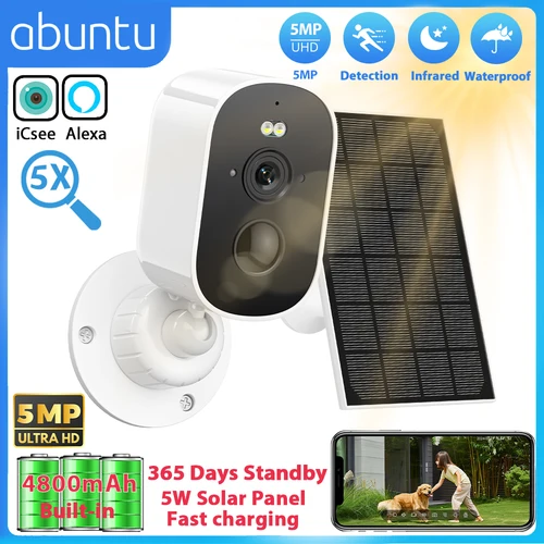 Imagen 1 del producto Cámara Solar para exteriores con WIFI de 5MP, cámara de vigilancia con batería integrada de 4800mAh, Zoom Digital de 2MP y 5X, cámara de seguridad con aplicación ICSEE