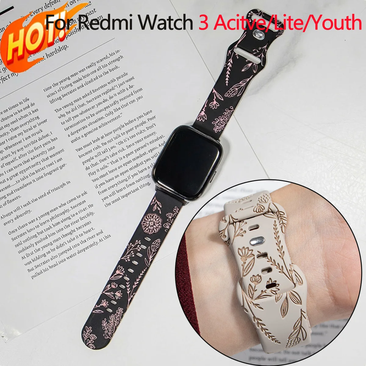Zweifarbiges, mit Blumenmuster graviertes Armband für Redmi Watch 3Youth /3 Lite /3 Active, Silikon-Sportarmband für Xiaomi Redmi Watch3