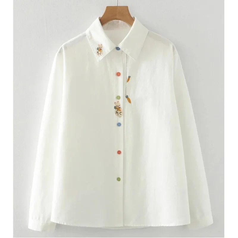 

Новая женская рубашка из чистого хлопка с вышивкой кролика и моркови в литературном свежем стиле, весна-осень, белая, с длинным рукавом
