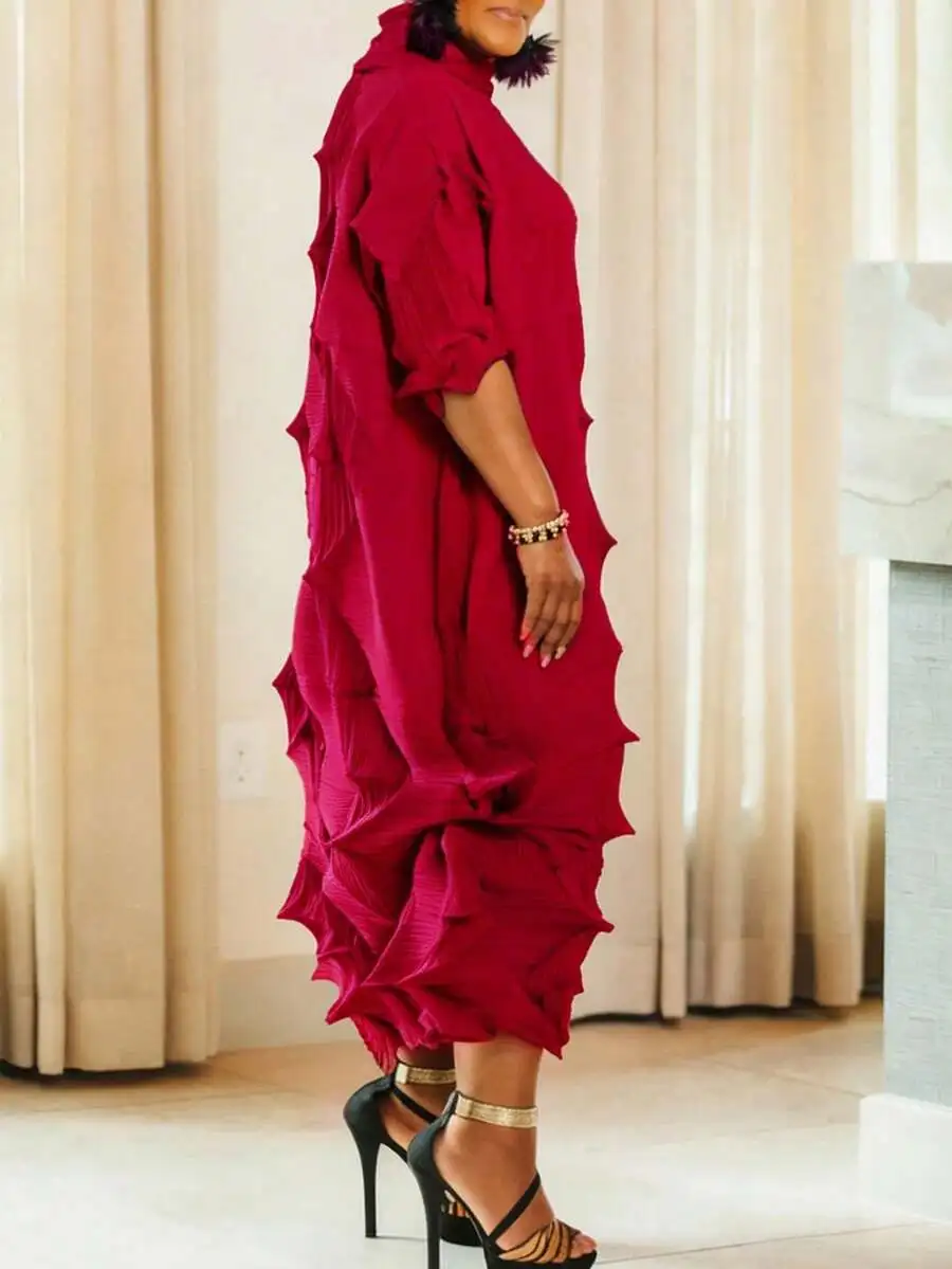 

Womens Ruffled Pleated Midi Dress With High Elastic Fabric Mid Neck Three Quarter Sleeve