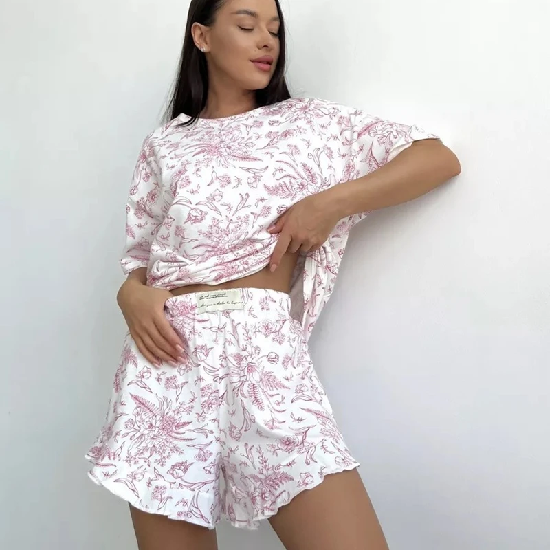 

Women's Soft Floral Print Lounge Set Short Sleeve Crew Neck Top And Elastic Shorts Comfortable For Relaxing Sleep Pajamas Pjs