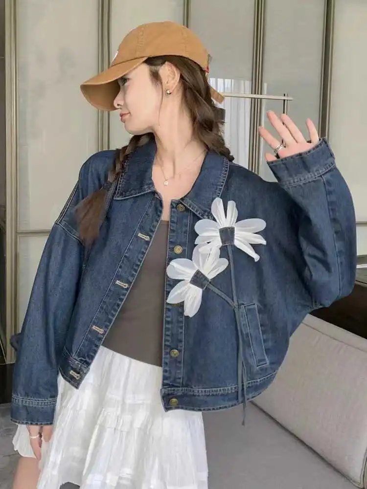 Three Dimensional Flower Loose Denim Coat Spring Autumn New Style Design Deep Blue Cowboy Jacket For Women Single Breasted