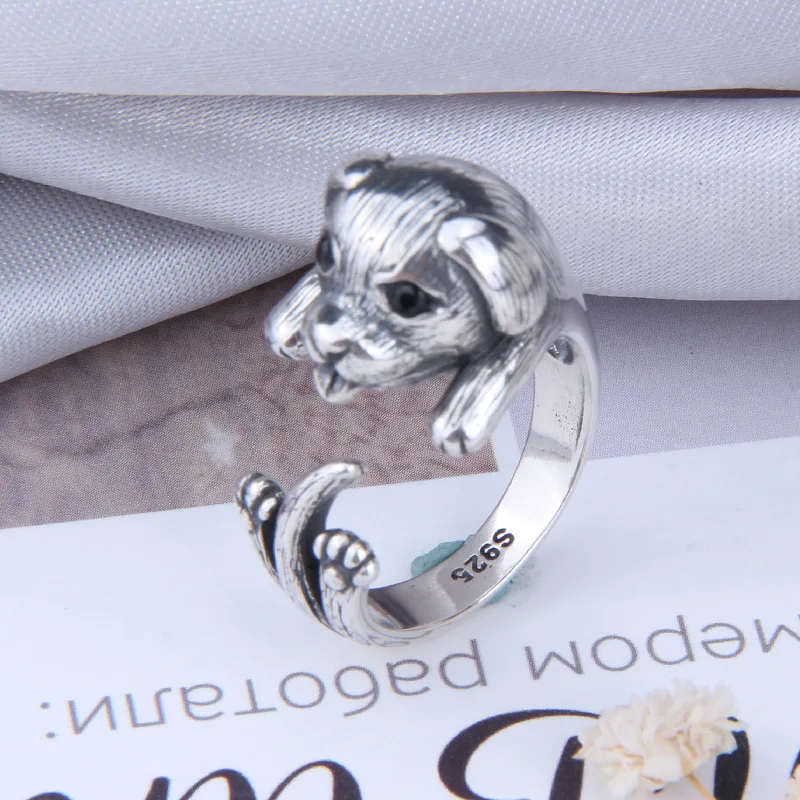 Buyee 925 Sterling Silver Personality Big Ring Finger for Woman Men Fashion Unique Dog Animal Rock Punk Fine Jewelry Circle