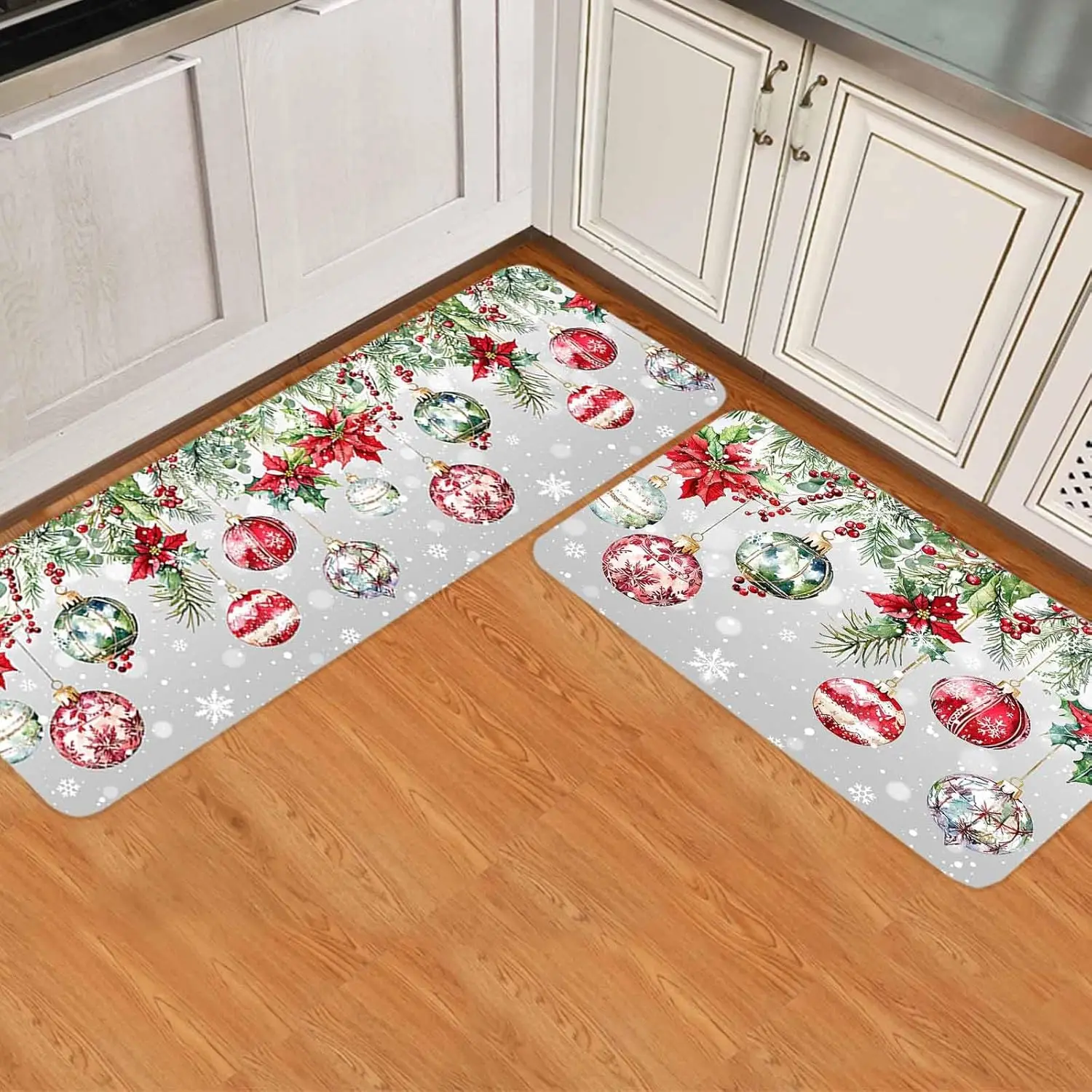 

Christmas Poinsettia Berry Xmas Balls Snowflake Kitchen Mat Decor Non-Slip Corridor Balcony Rugs Bedroom Floor Mat Xmas Decor