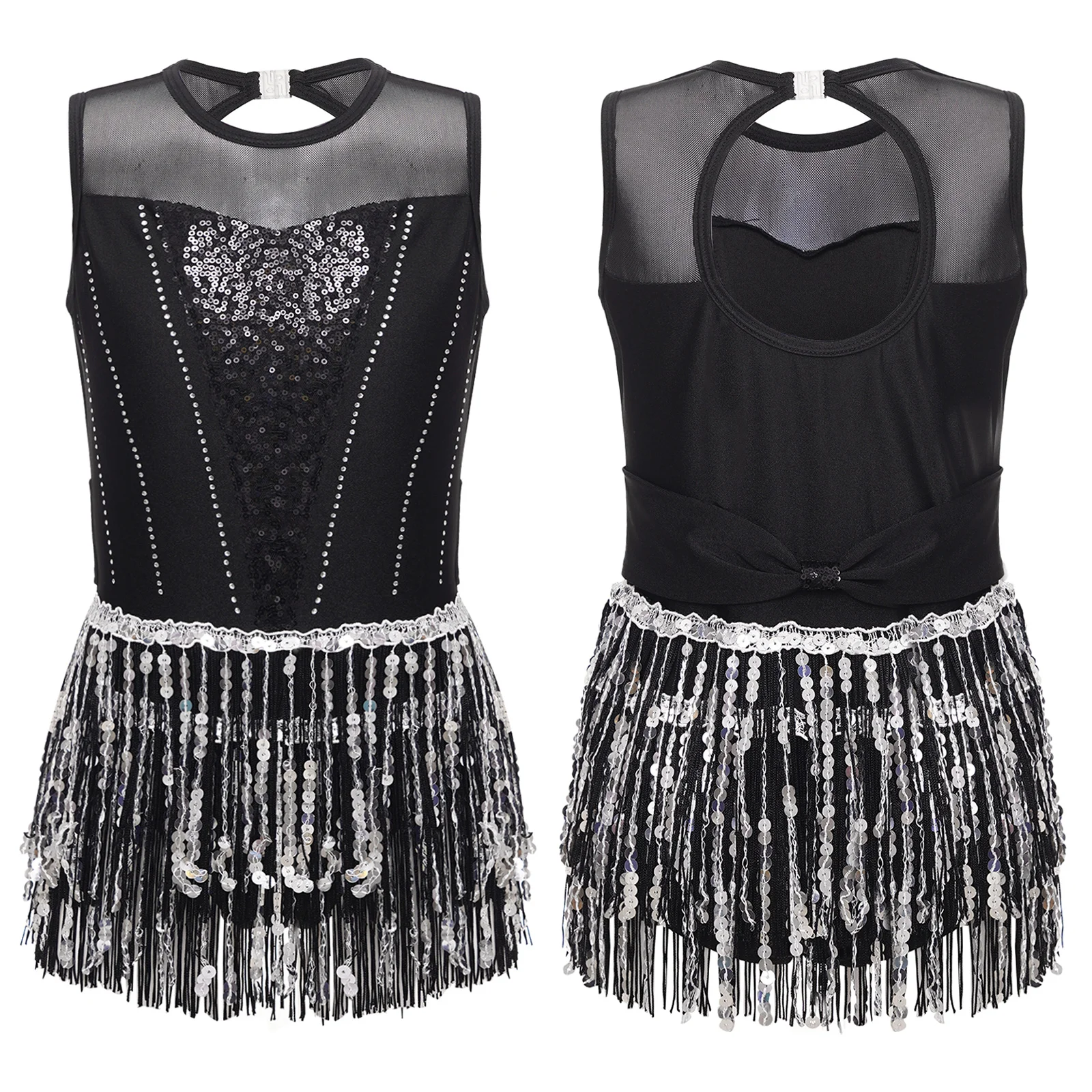 Kids Girls Sequins Tassel Dance Leotard Shiny Rhinestone Mesh Patchwork Keyhole Back Bodysuit for Tango Cha-Cha Performance