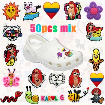 50 Uds. Paquetes de dijes para zapatos Karol G de México para mujeres y niñas, decoraciones para zapatos con forma de corazón de sirena, alfileres, hebillas para zuecos, se ajustan a sandalias de jardín