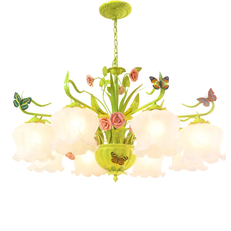 Fresh pastoral wrought iron flowers and plants, living room lamps, warm bedroom lamps, dining room glass lamps, flower leaves,