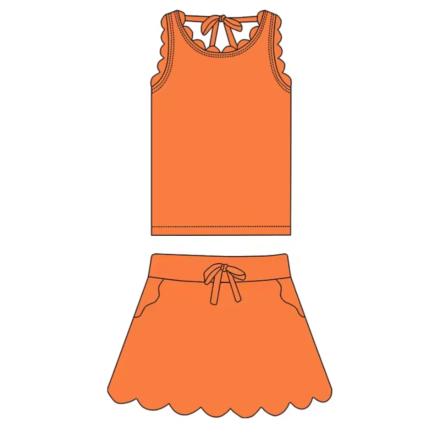 Boutique kids sets Hanging strap fan-shaped edge decoration bow decoration top paired with pocket skirt solid color print custom