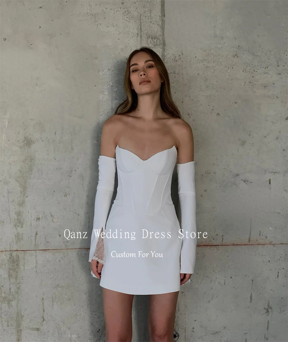 Qanz Vintage Satin Wedding Dresses Sweetheart Lace Removable Sleeves Party Dresses Lace Up Back Mini Bridal Gowns Customized