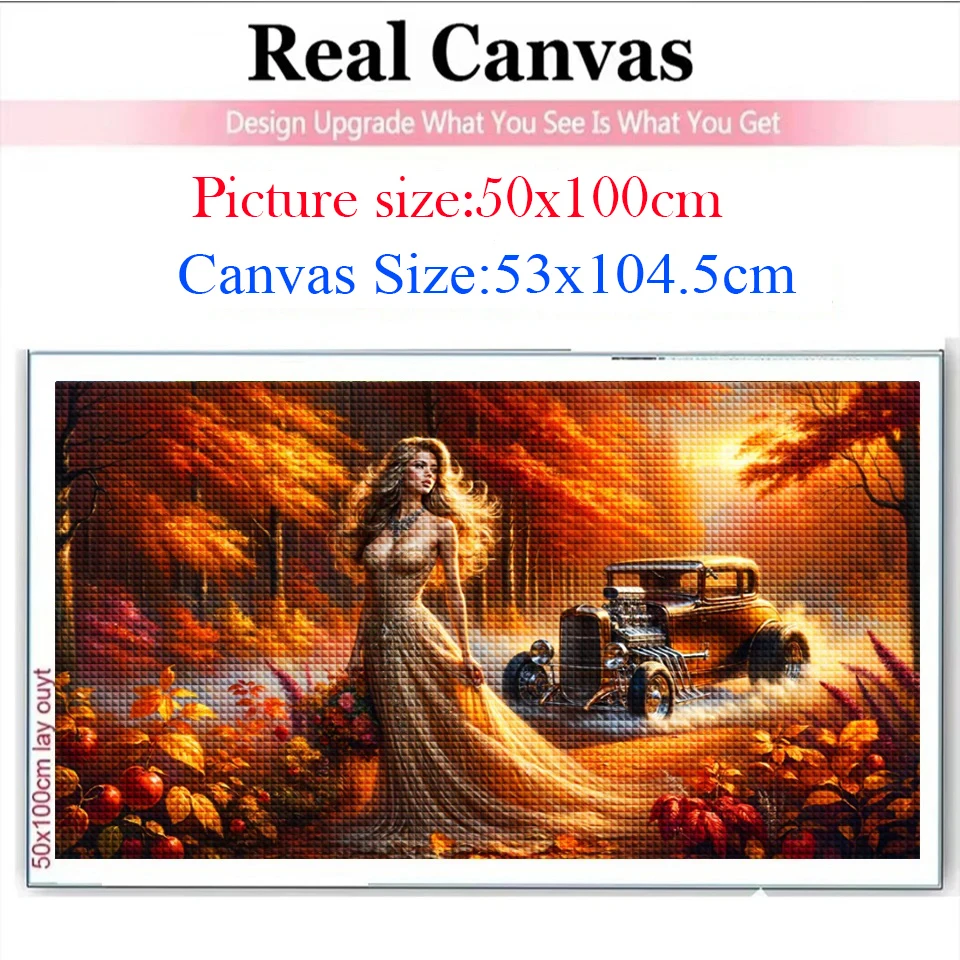 Woman in Vibrant Autumn Colors Diy Diamond Painting Kit Fantasy Landscape Old Car Full Diamond Art Mosaic For Large Home Decor