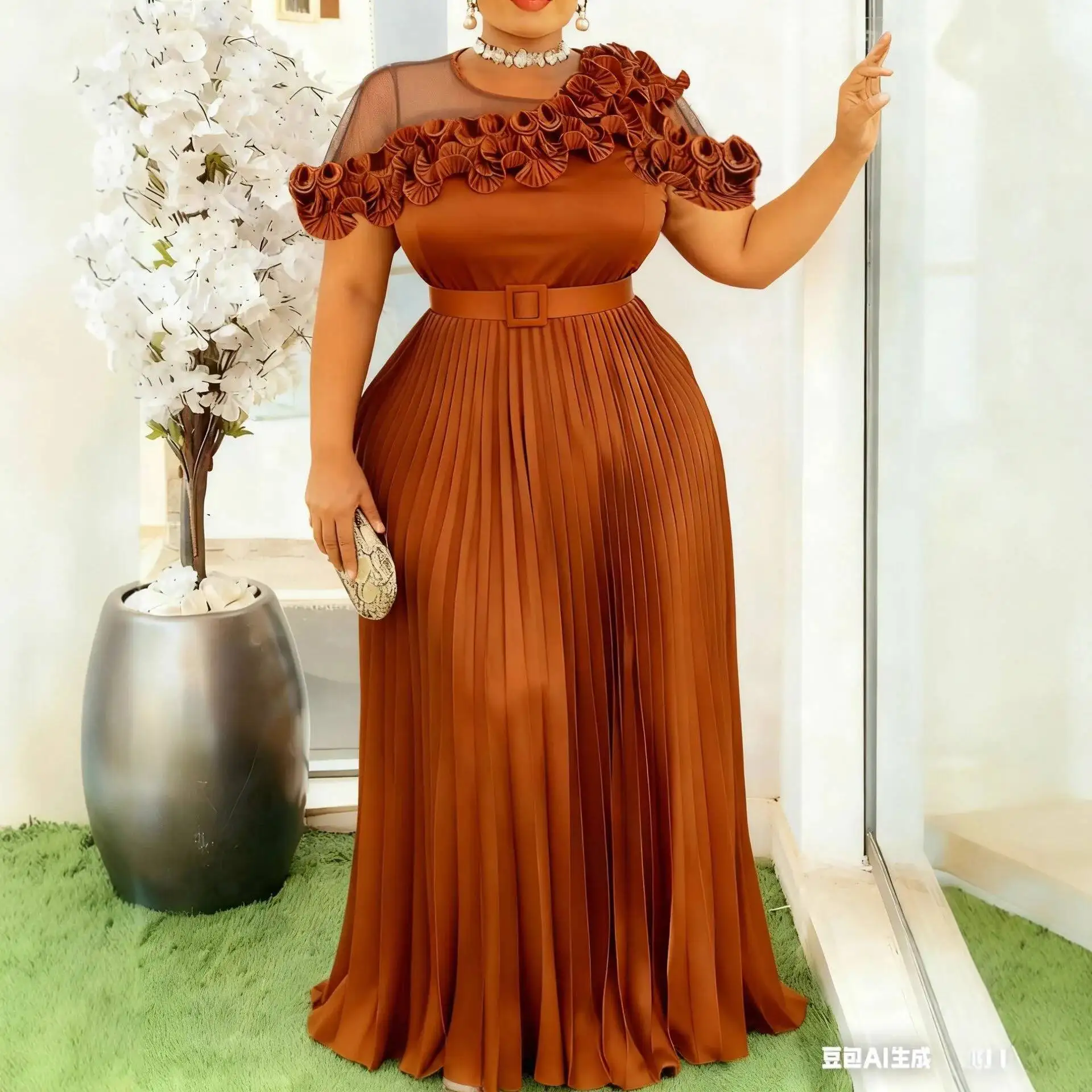 Plus Size Women's Mesh Patchwork Ruffle Dress Waist-cinching Pleated Long Dress High-end Feel Banquet Gown Elegantes Casual Y2k