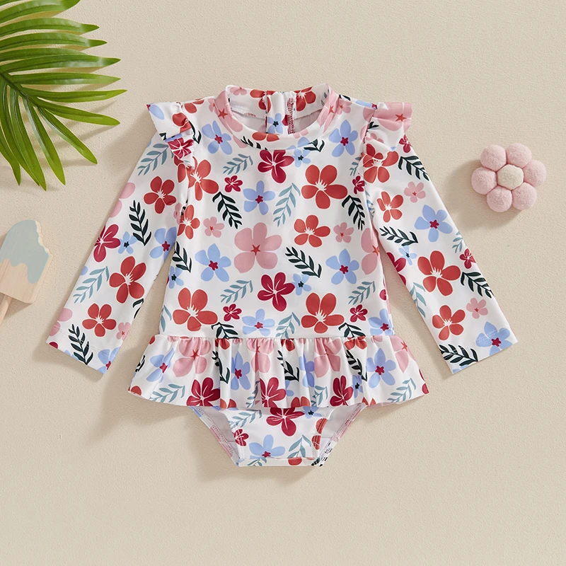 EWODOS 1-3 Years Baby Girl Rash Guard Swimsuits Casual Cute Long Sleeve Floral Print Skirted Bathing Suit Toddler Swimwear