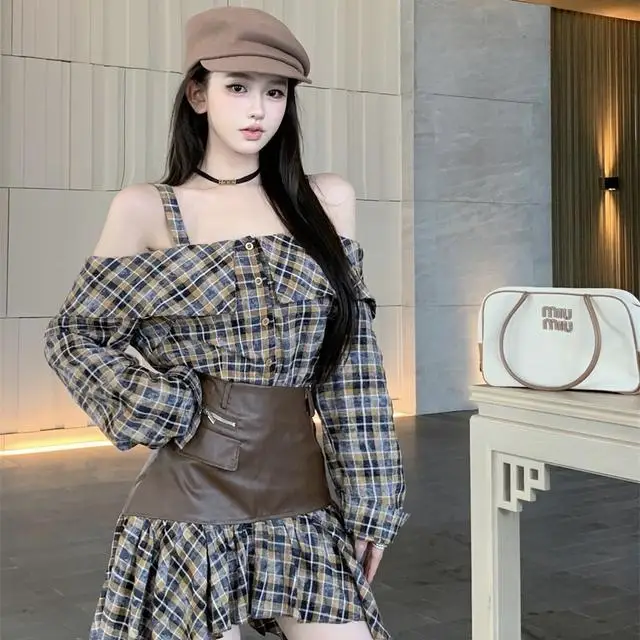 

Two-Piece Plaid Suspender One-Shoulder Shirt Irregular Patchwork Leather Skirt Spring Autumn New Design Suit