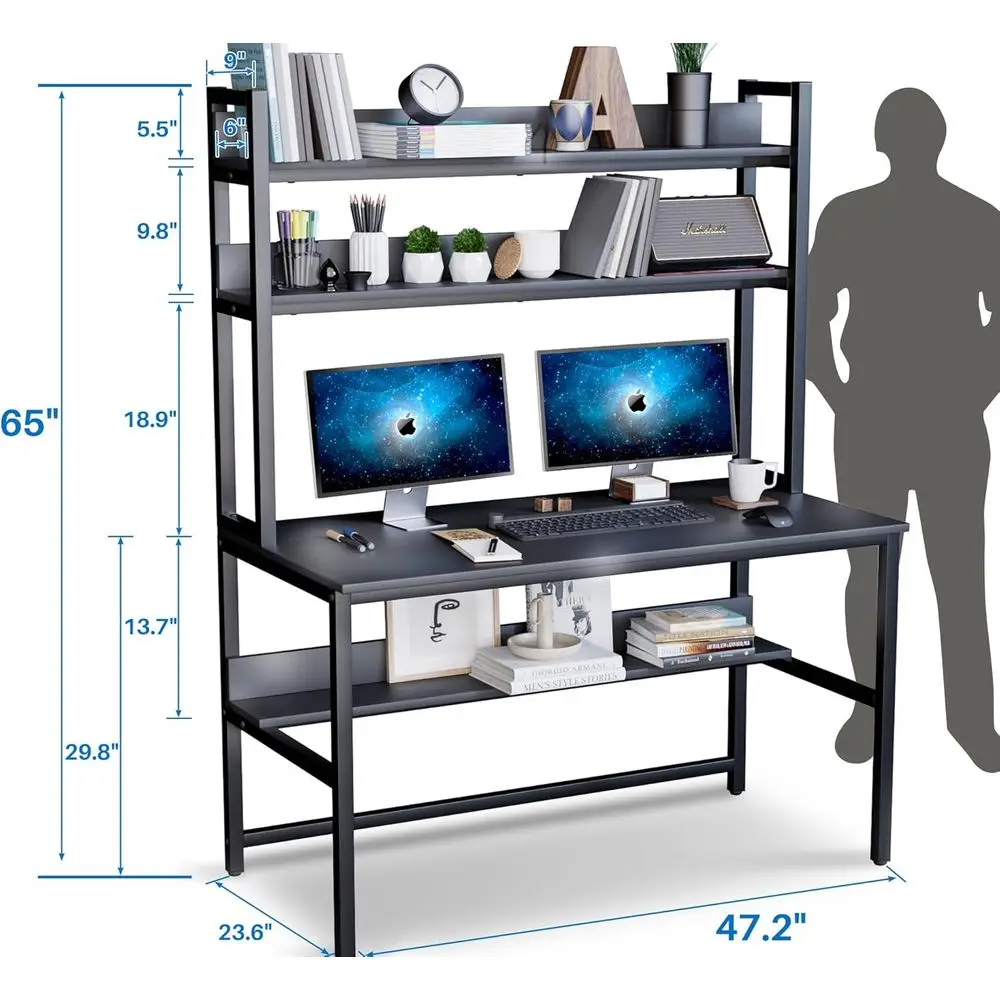 مكتب كمبيوتر واسع 47 أسود مع قفص وأرفف تخزين للمكتب المنزلي والدراسة والعمل وسهل التجميع #3
