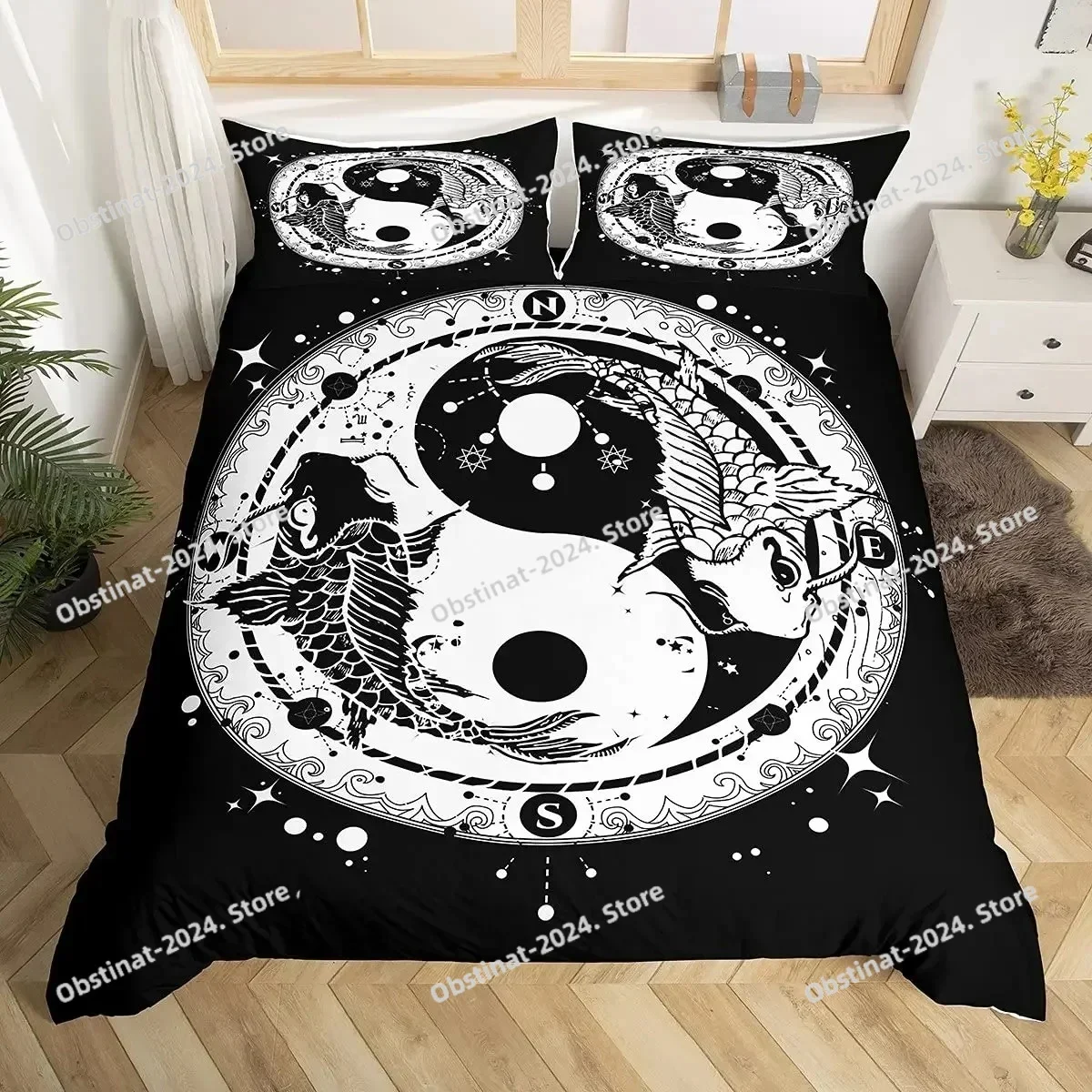 

Yin Yang King Queen Duvet Cover Mandala Bohemian Bedding Set Retro Lotus Tai Chi Bagua Comforter Cover Chinoiserie Quilt Cover