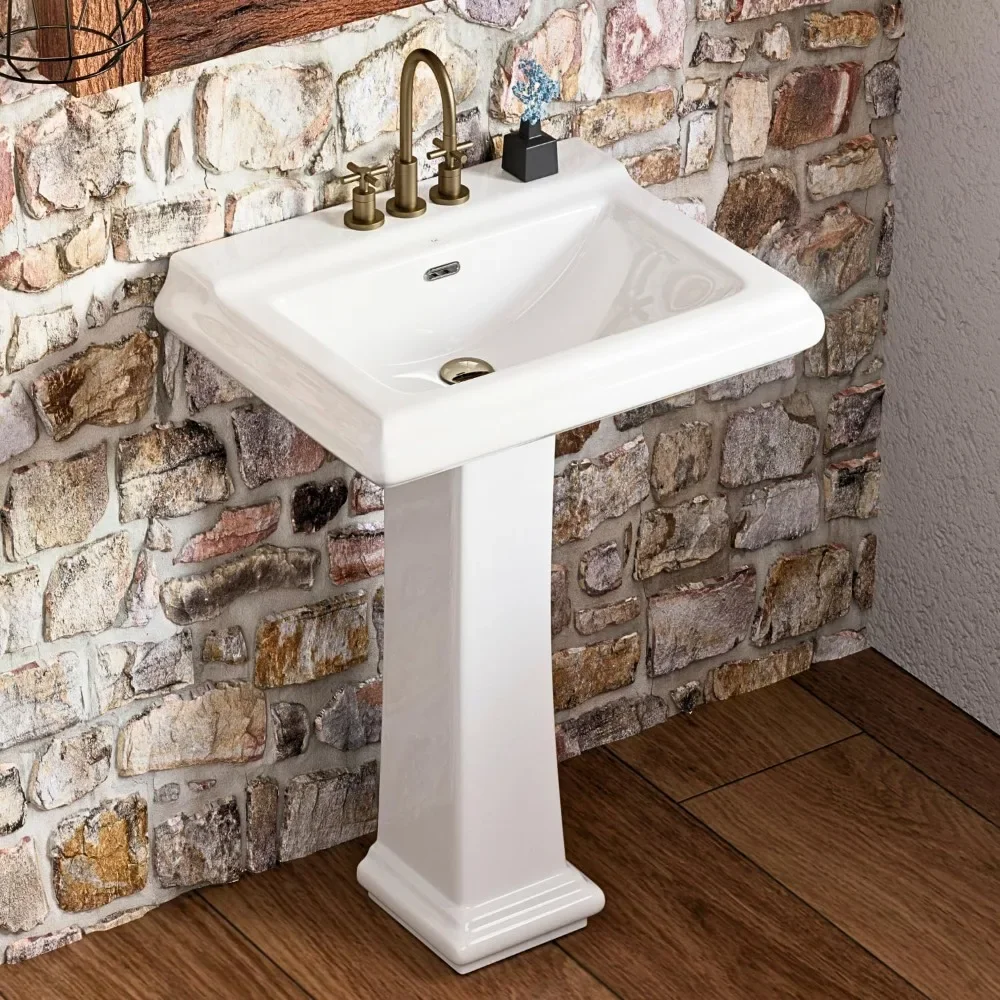 

Rectangular Pedestal Sink with Large Capacity Bowl, 26"L x 20"W Glossy White Ceramic Bathroom Sink for Stylish Use Solution