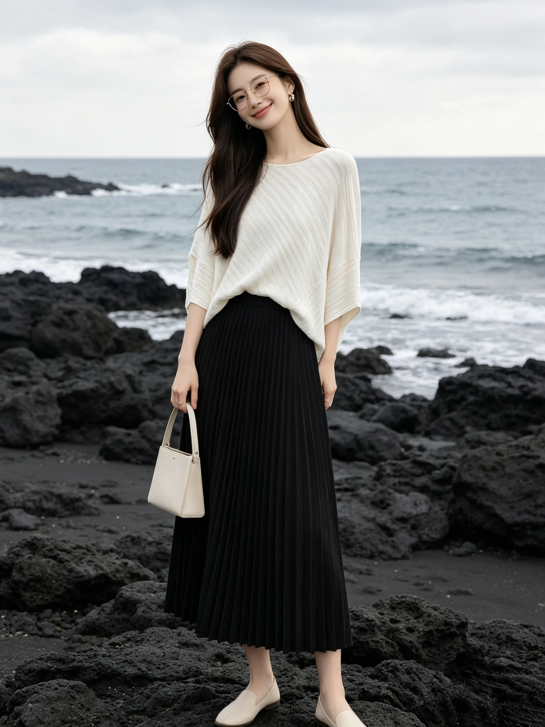

Laid-back Korean Style Batwing Sleeve Knitted Top Skirt Set Asymmetrical Pleated Half-length Loose Feeling Breathable Casual ...