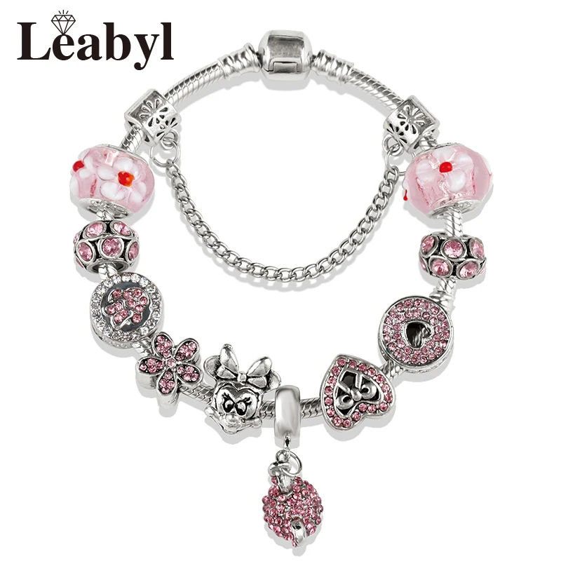 Potdemiel Pink Crystal Heart Minnie Charm Bracelet Cute Cartoon Animal DIY Bead Jewelry for Women Girl Gift