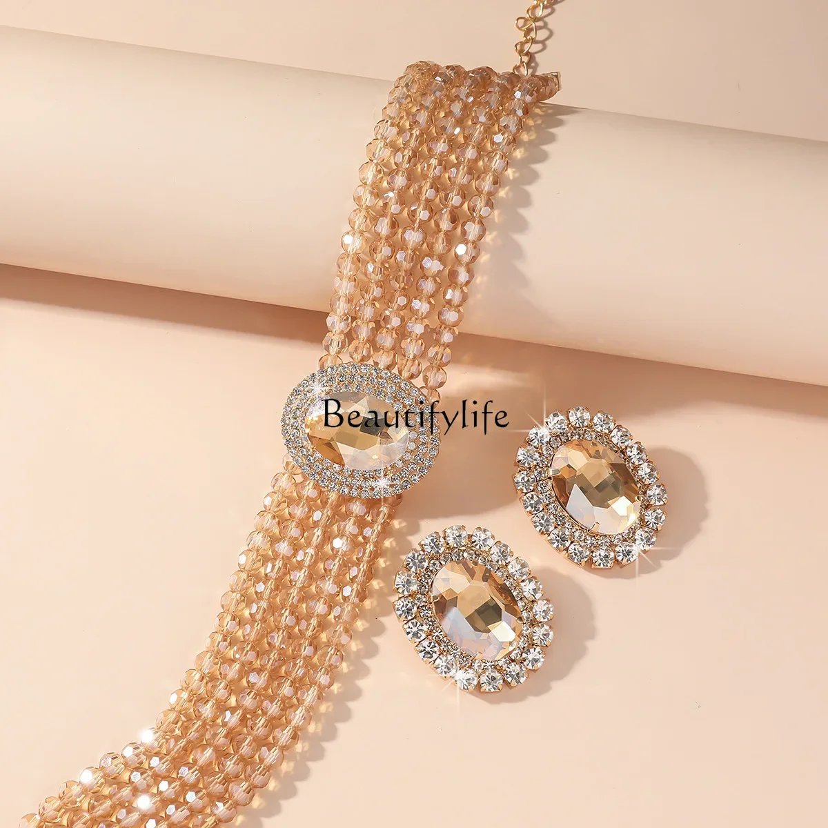 

European and American exaggerated multi-layer crystal color elliptical geometric chain