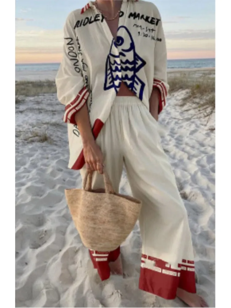 

Summer Women's Beach Vacation Style Shirt Casual Trousers Two-piece Set New 3D Digital Print Loose And Comfortable Trousers Set