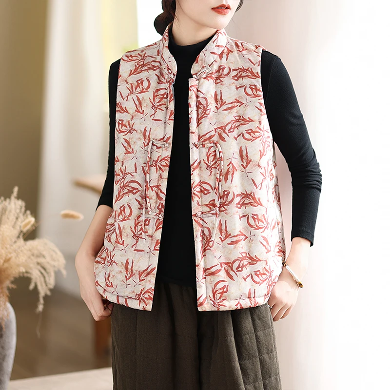 

Lightweight Cotton Vest Autumn Winter Chinese Sle Button Frontal Women's Faion Printed Loose Fit Thin Model No Brand