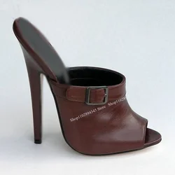 Brown Slip On Buckle Leather Sandals Peep Toe Thin High Heel Fashion Sexy Shallow Summer Big Size Woman Shoes Zapatillas Mujer