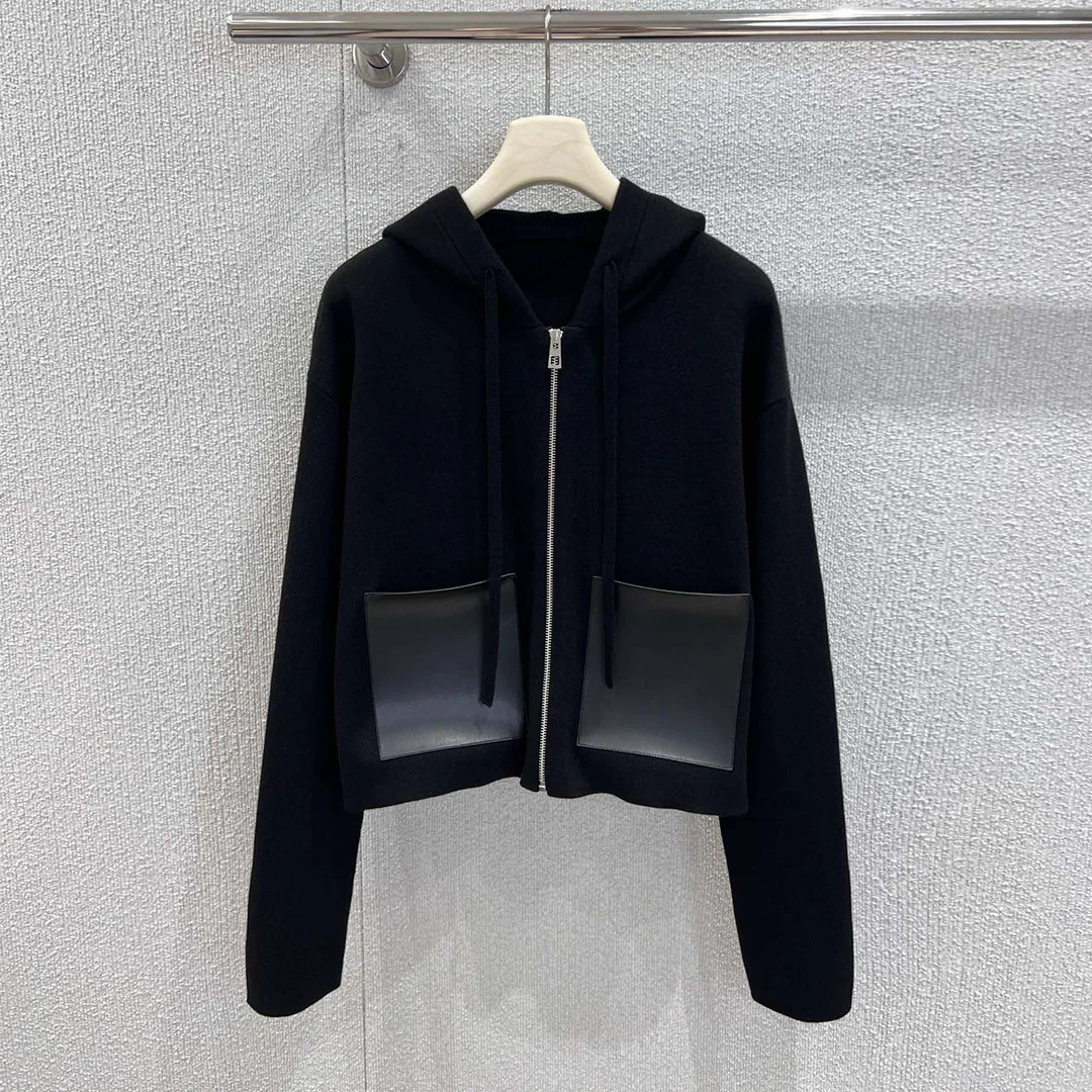 

New Autumn Winter Cute Knitted Cardigans Women 98% Wool Yarn Hooded Long Sleeve Zipper Sheepskin Leather Pockets Casual Sweater