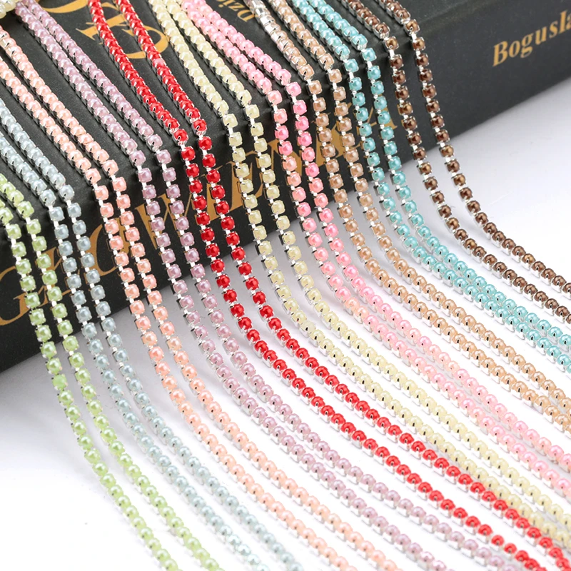 SS6-2mm 2Yards ABS Pearl Rhinestone Chain Silver/Gold Rose Base Copper Cup For Sewing DIY Clothes Dress Accessories Trim