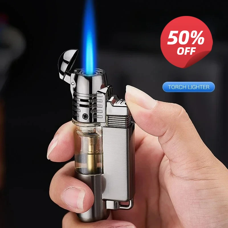 

Зажигалка с прямым пламенем, бутановая газовая ветрозащитная зажигалка, металлический фонарь, зажигалка для сигар, аксессуары для курения, мужской необычный подарок