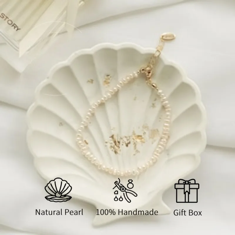 

MYSOYA White Baroque Freshwater Pearl Bracelet 2-3mm With Gift Box For Her/Him Birthday/Wedding/Christmas/New Year Gift