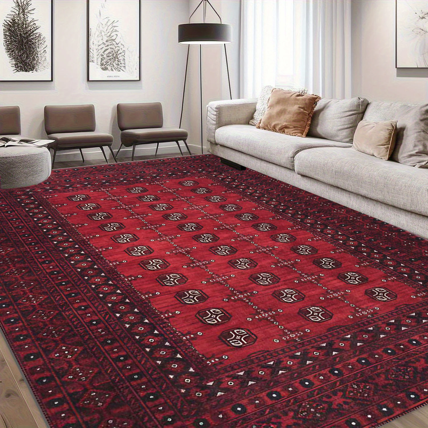 Vintage Red Tribal Style Area Rug Traditional Geometric Square Pattern Floor Carpet for Living Room Bedroom Home Decoration