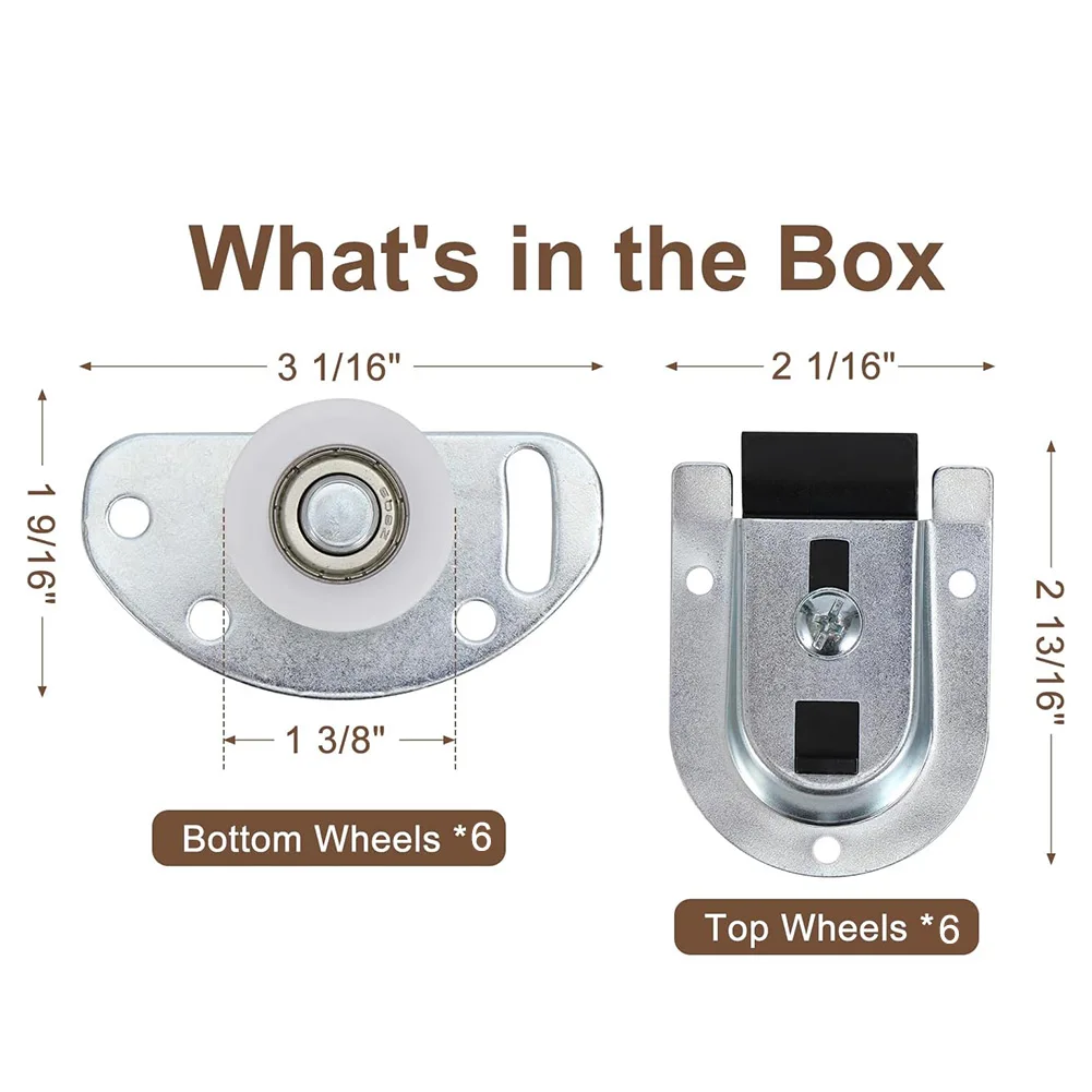 Zinc Plated Sliding Door Wheels 6 Sets for Bypass Closet Doors 5/8 to 1 3/8 Inch Thickness Top Hung Compatible