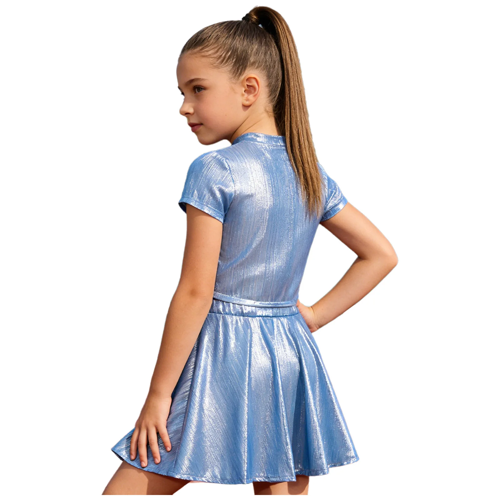Teen Girls Metallic Shiny Disco Jazz Dance Costume Short Sleeve Ribbed T-shirt Top with Skirt for Cheerleading Hip Hop Party