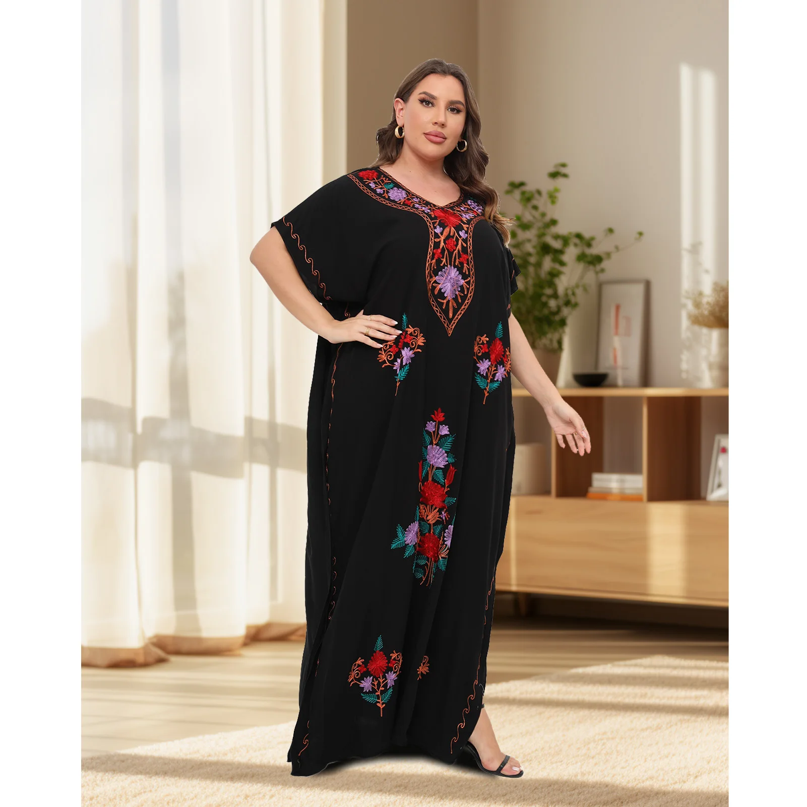 New African Plus Size Moroccan 100% Cotton Abaya O-neck Jilbab Short Sleeve Loose Style Dashiki Kaftan Traditional Lady Dresses