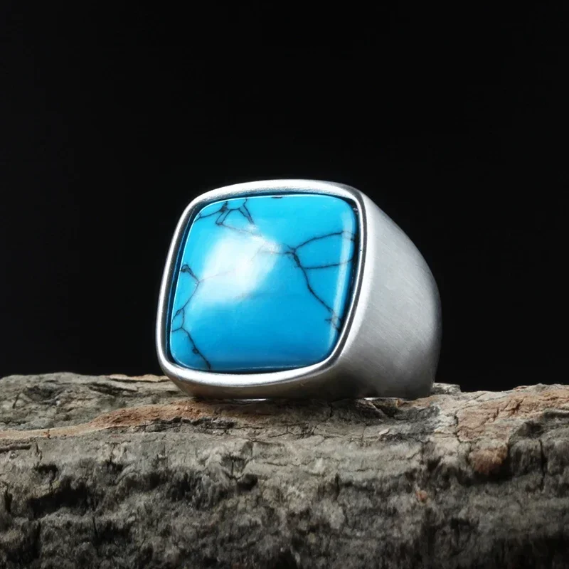 Vintage Antique Natural Stone Ring Gift Blue Turquoises Tiger Eye Finger Ring Viking Norse Mythology Party Engagement Jewelry view 2