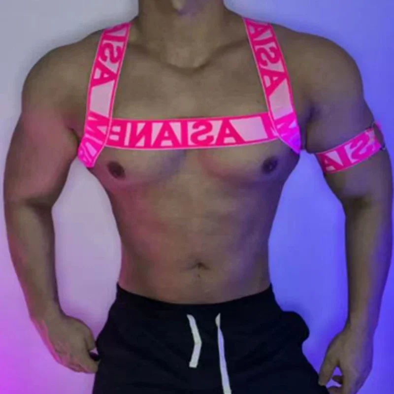 الفلورسنت اللون الجوف الأشرطة الرجال ضمادة شريط للصدر ملهى ليلي Dj Gogo زي القطب الرقص اكسسوارات المرحلة الزي XS4632