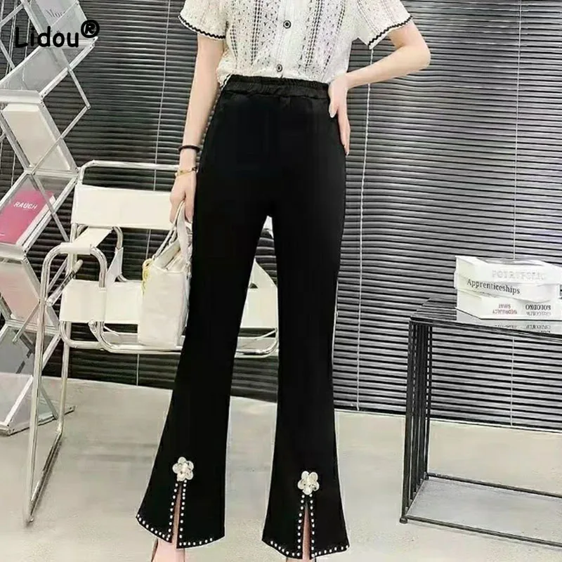 

Korean Chic Beaded Spliced Casual Female Split Flare Pants Summer Slim Fashion Elastic High Waist Cropped Pants Womens Clothing