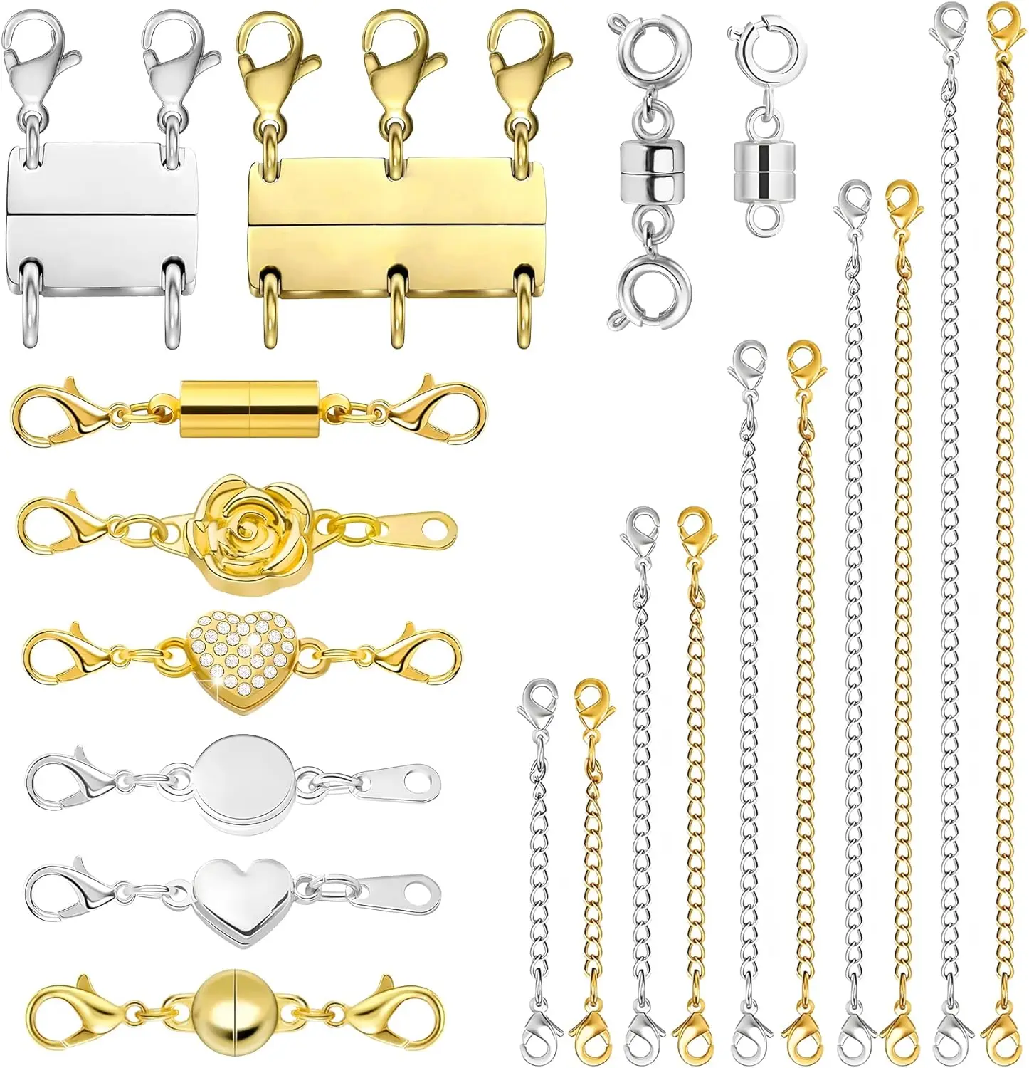 20 Pcs Necklace Extender and Magnetic Jewelry Clasp, Include 10 Style & 5 Size Gold & Silver Magnetic Clasps, Layering Clasps