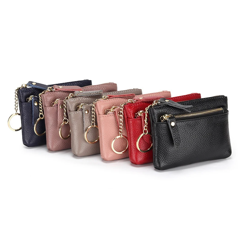 Genuine leather short wallet for women, simple double-zipper cowhide coin purse, fresh and stylish coin bag