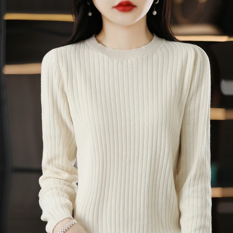 Autumn Winter Women 100% Cotton Sweater O-Neck Pullover Vertical Pit Strip Long Sleeve Knitwear Slim Warm Bottoming Tops