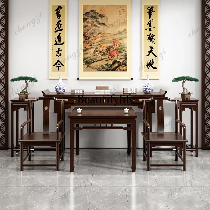 New Chinese-style solid wood middle hall six-piece set for household use, furniture for tables, and warped head tables